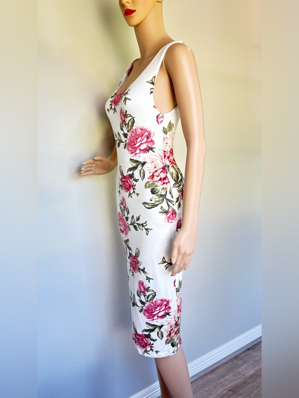 Popular Basics White Midi Dress with Pink Rose Print and back zipper Medium - Picture 8 of 14